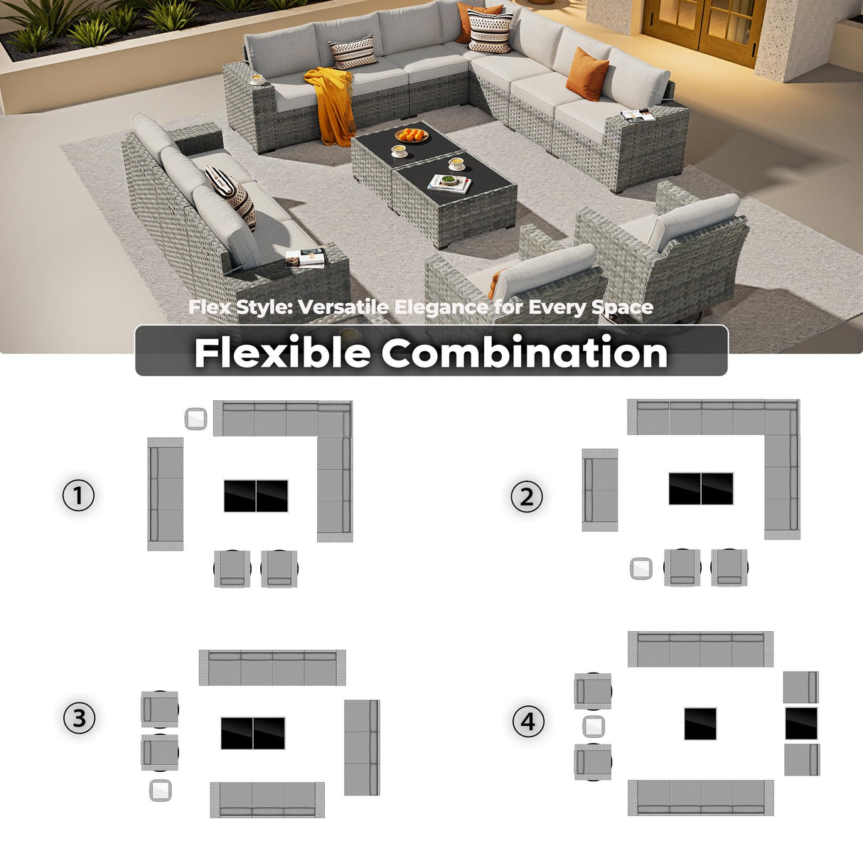 ovios 15 Pieces Patio Furniture Set, Outdoor Wicker Sectional Sofa with Swivel Chairs Coffee Table, Modern Modular Deep Seat Rattan Couch Conversation Sets, Beige ovios