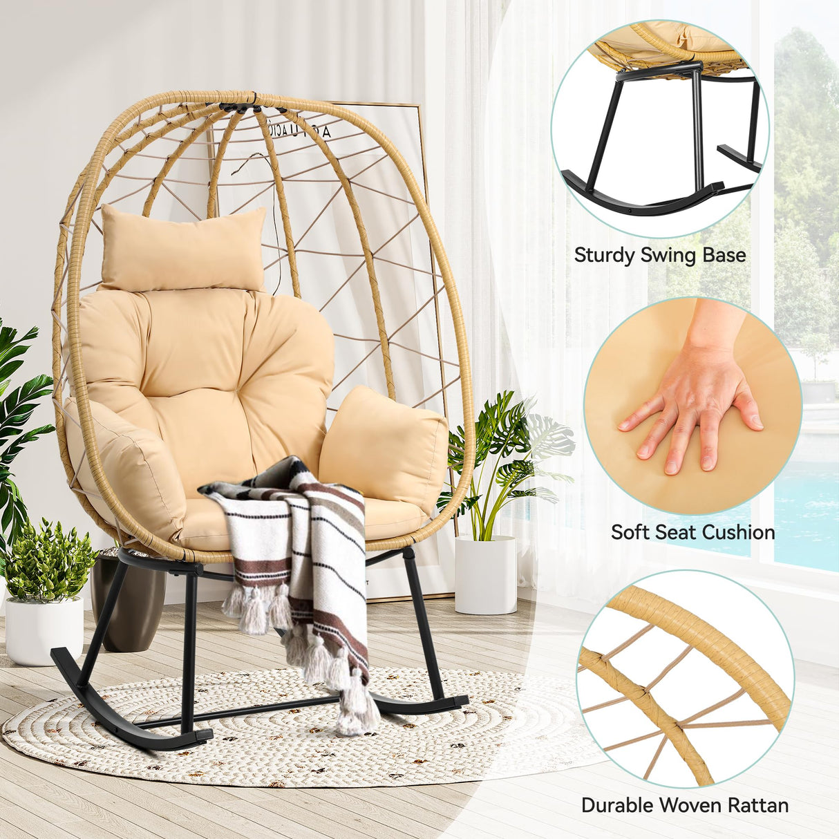 YITAHOME Wicker Rocking Egg Chair, Outdoor Patio Rocking Chair with Cushioned Comfort, 330lb Capacity, Anti-Slip, All-Weather Resilient Egg Lounger Chair for Indoor & Outdoor Relaxation Spaces, Beige YITAHOME