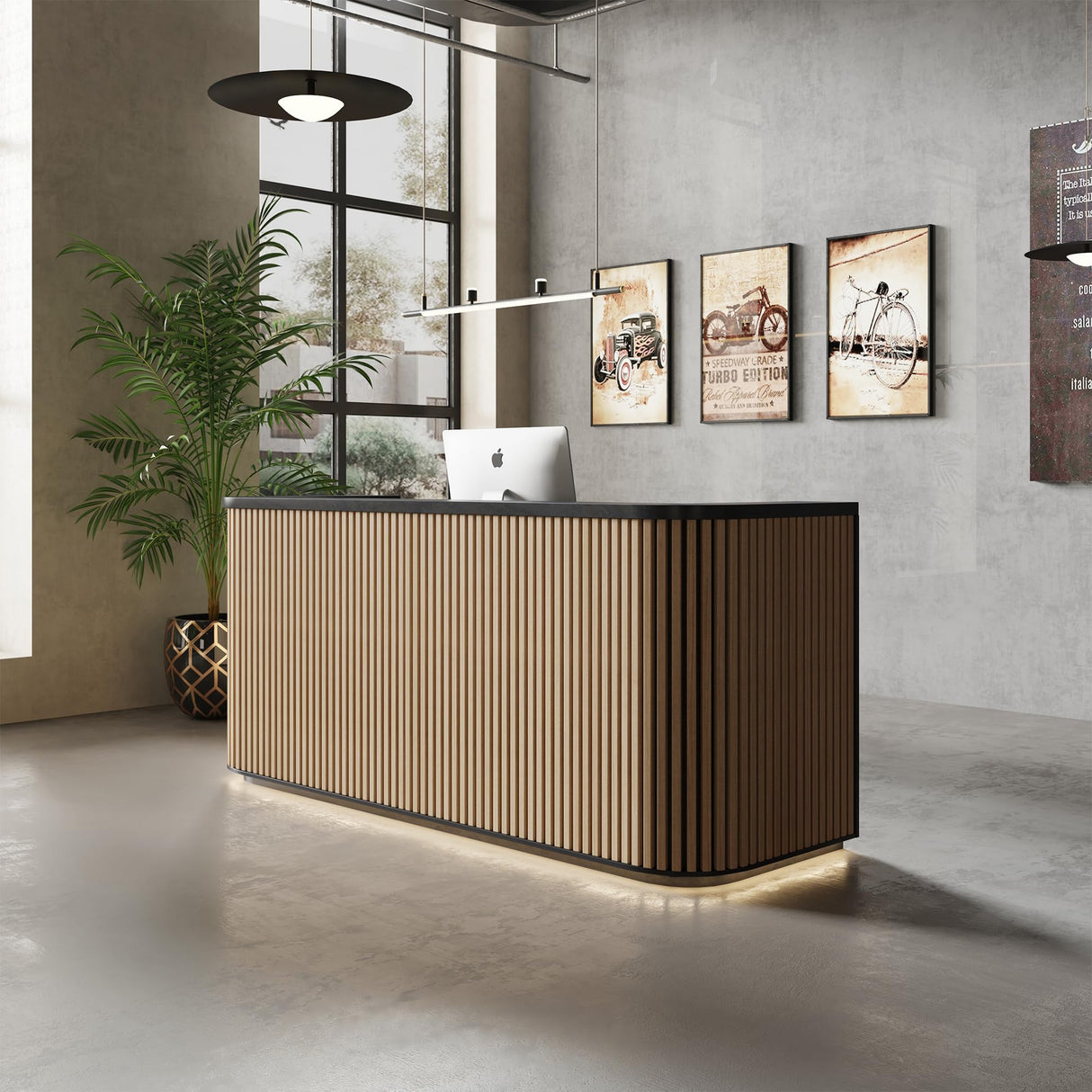 ONNAHOMEStlyle 70.87in Yellow Curved Reception Desk with Lock Drawer File Cabinet,Mid Century Front Desk Reception Room Table with LED Lights, Retail Counter for Checkout, Lobby, Beauty Salon ONNAHOMEStlyle