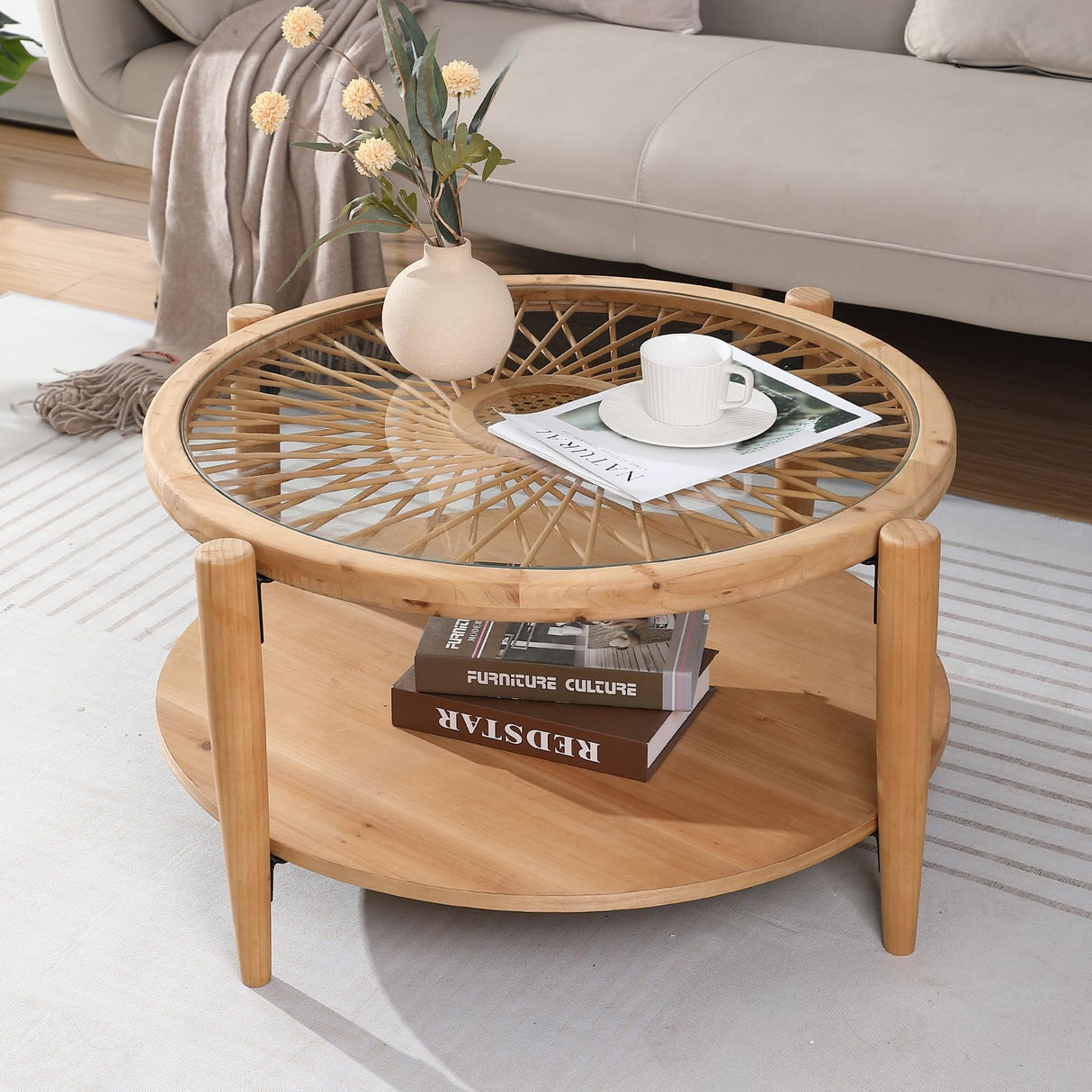 RUSTOWN Rattan Round Coffee Tables, 2-Tier Sofa Table with Rattan & Tempered Glass Top and Wood Legs, Accent Side Coffee Table for Living Room(Natural) RUSTOWN