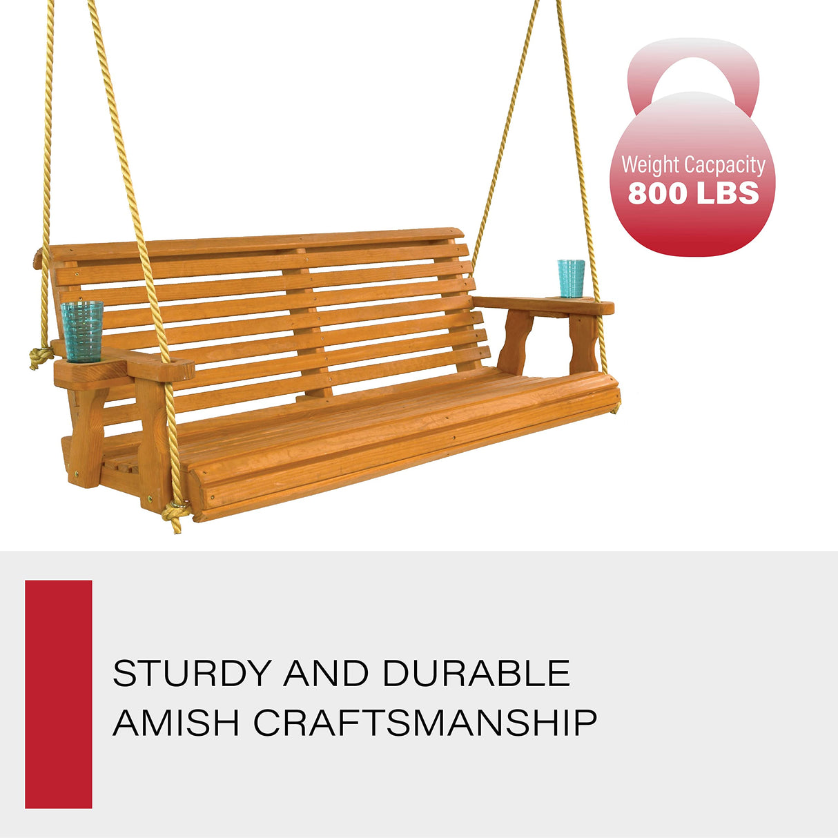 Amish Casual Heavy Duty 800 Lb Roll Back Treated Porch Swing with Hanging Ropes and Cupholders (4 Foot, Cedar Stain) Amish Casual