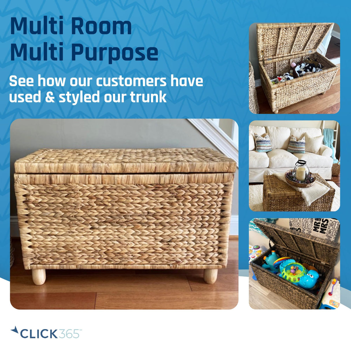 Click365 Storage Trunk, Farmhouse Style, Extra Large (33”), Deep, Woven Wicker Chest With Metal Frame, 2 Handles, Flip Top Lid and Stay Open Safety Hinges, Sustainable Eco Material, Rustic Brown ClickDecor