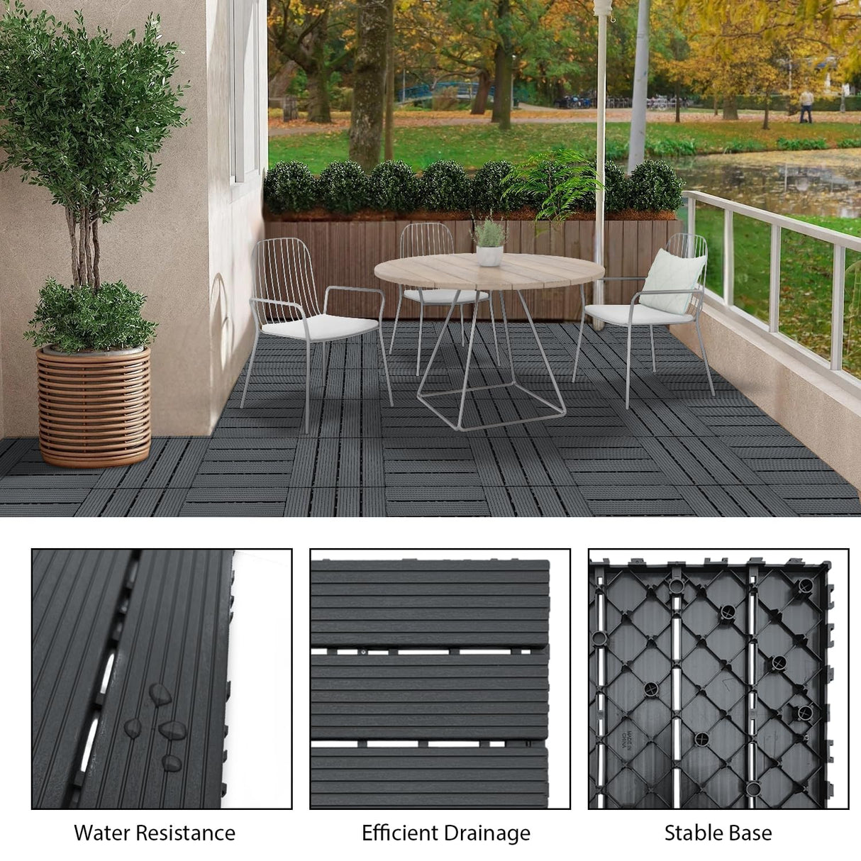 27 PCS 12x12 Inch Interlocking Deck Tiles - Waterproof All-Weather Outdoor Patio Flooring for Pool, Balcony, Backyard, Porch & Garden, Dark Grey KEDY
