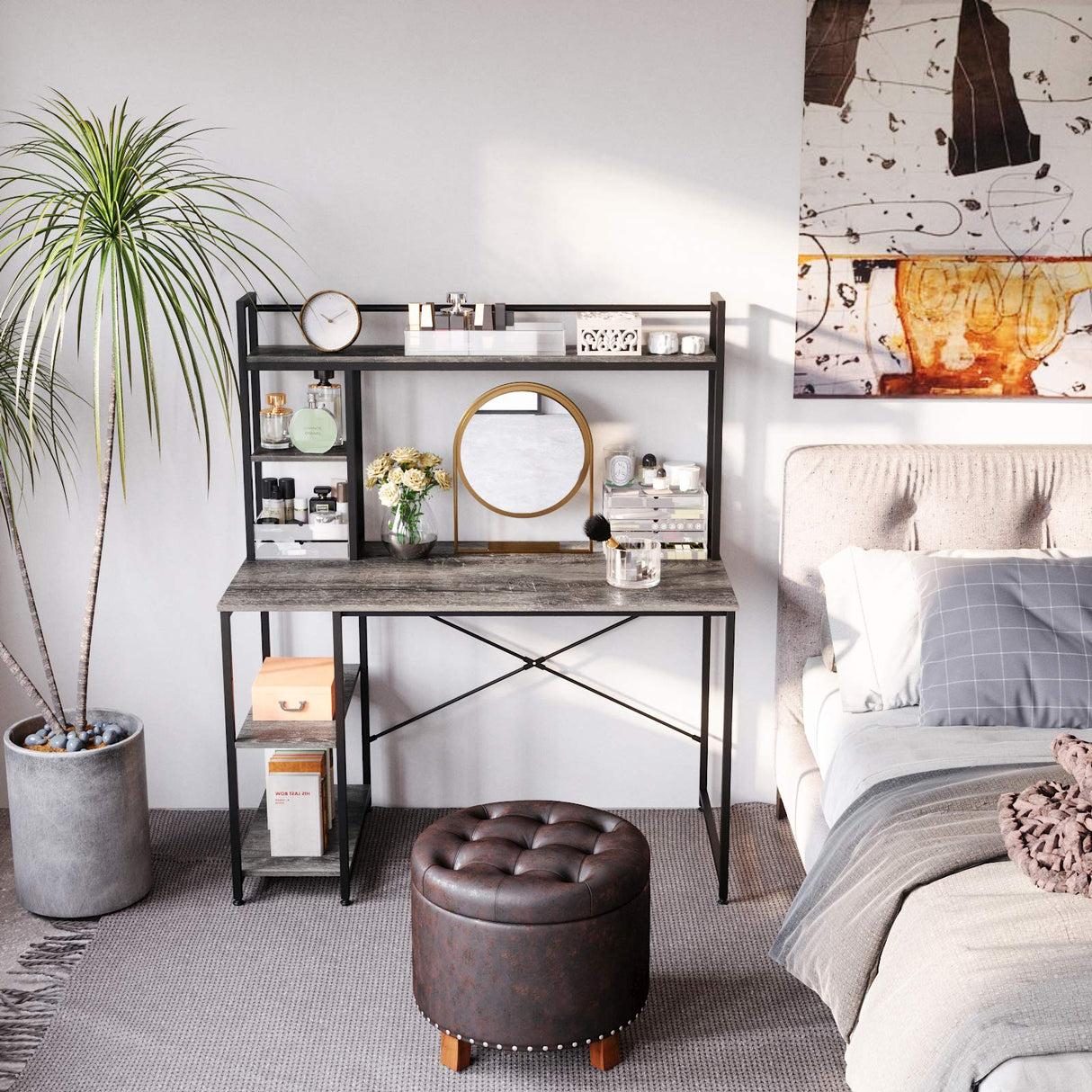 Nost & Host Rustic Grey Computer Desk with Hutch and Adjustable Shelves for Home Office and Gaming Nost & Host