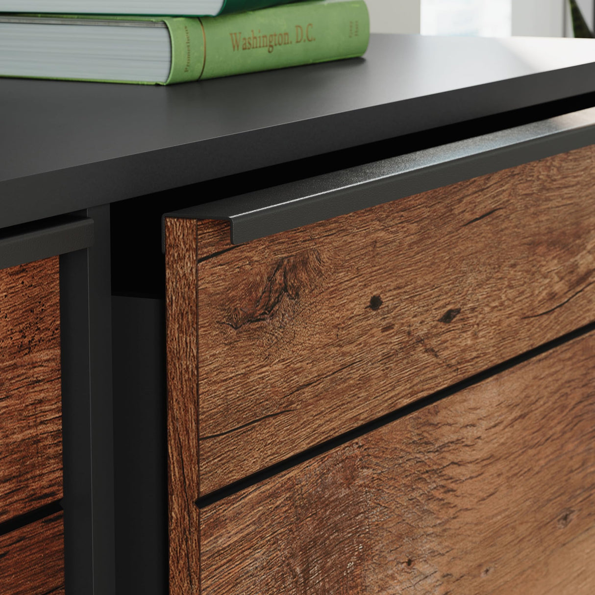 Sauder Boulevard Cafe 6 Drawer Dresser, L: 57.56" x W: 17.48" x H: 33.94", Vintage Oak Sauder