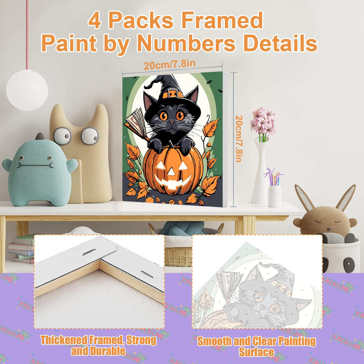 4 Pack Halloween Paint by Number for Kids with Wooden Frame, Paint by Numbers for Kids Black Cat Ages 4-8-12, Easy Pumpkin DIY Acrylic Oil Painting Kits for Home Wall Decor (8X8 inch) xackcme