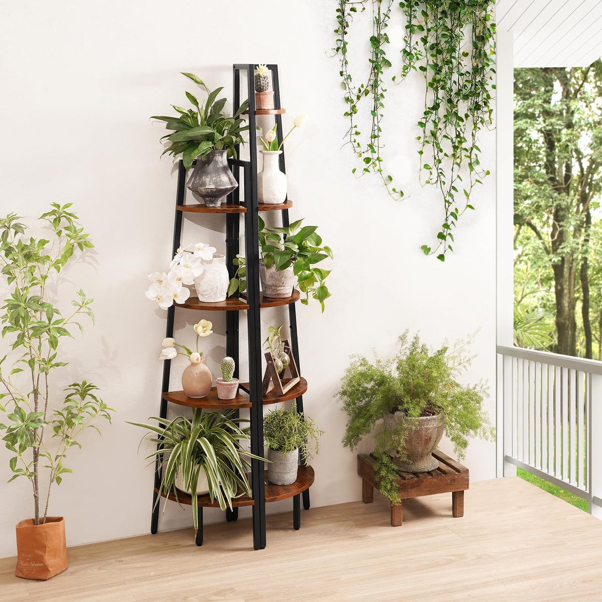Yoobure 4-Tier Corner Bookshelf with Metal Frame - Ladder Display Shelf for Bedroom and Living Room, Tall Wood Corner Bookcase and Plant Stand Yoobure