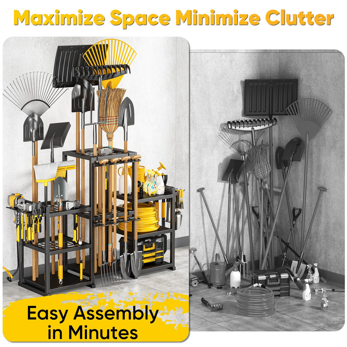 POKIPO 42" H Large Garden Tool Organizer, Holds Up to 86 Tools, Heavy Duty Yard Tool Organizer for Garage, 61“ Wide Lawn Freestanding Tool Storage Rack for Outdoor Shed Tool Rake, Shovel, Brooms POKIPO