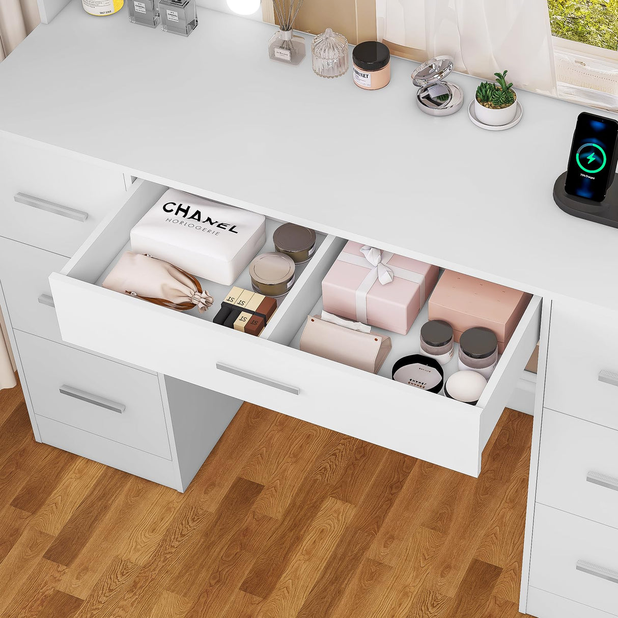 FIONESO Large Makeup Vanity, 43.3" Vanity Desk with Mirror and Lights, Makeup Vanity Table with 7 Drawers, 4 Shelves, 5 Jewel Hooks & Power Strip, Vanity Desk Set for Bedroom, White FIONESO