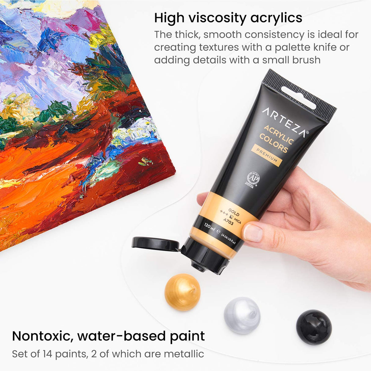 ARTEZA Acrylic Paint Set of 14 Colors, 4.06 Ounce Tubes, Non-Toxic Acrylic Artist Paints. Art Supplies for Painting ARTEZA