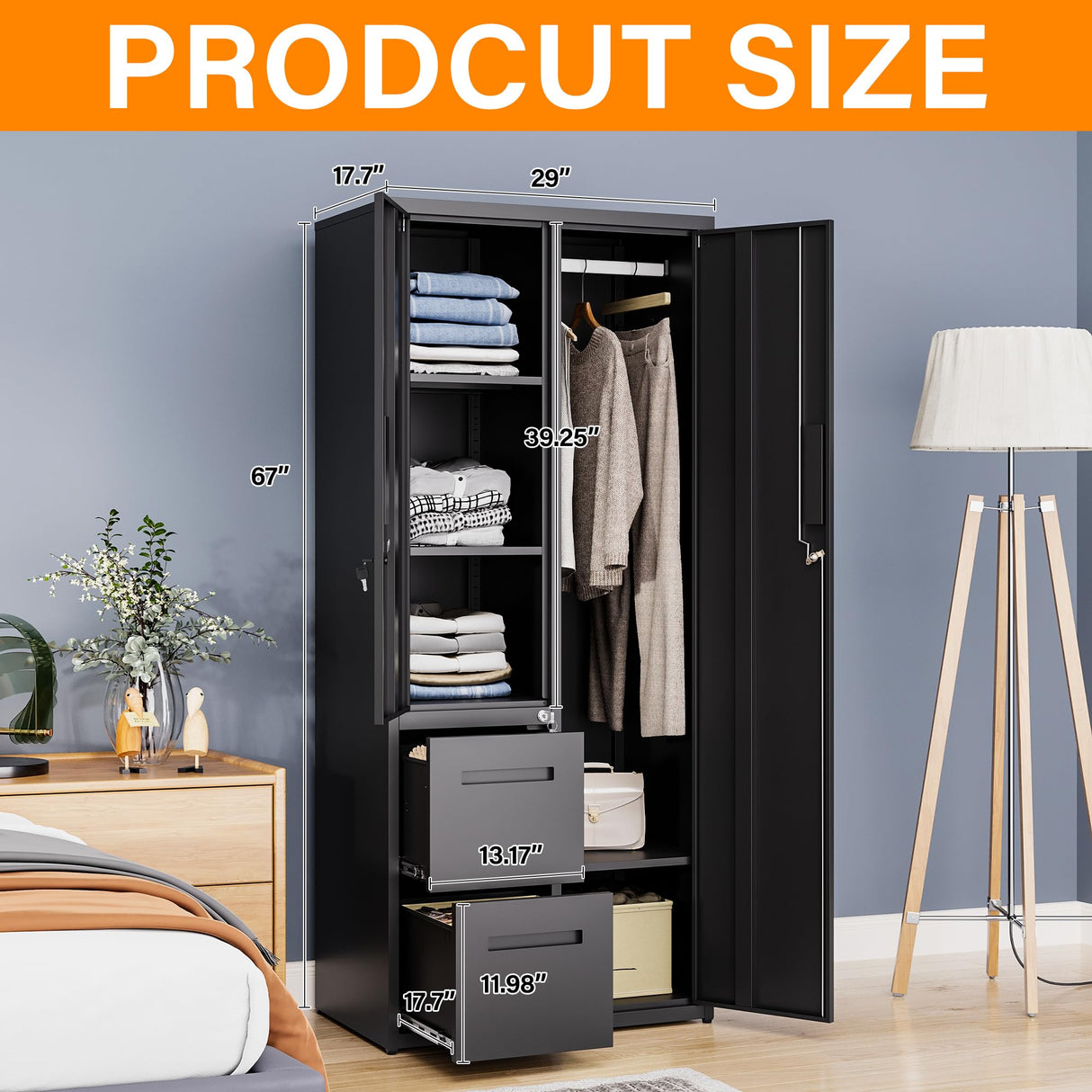 Anxxsu Metal Storage Cabinets Locker, 67" Locker with Clothes Rod, Lockable Freestanding Wardrobe for Office, Home, School, Laundry Room, Gym (Black) Anxxsu