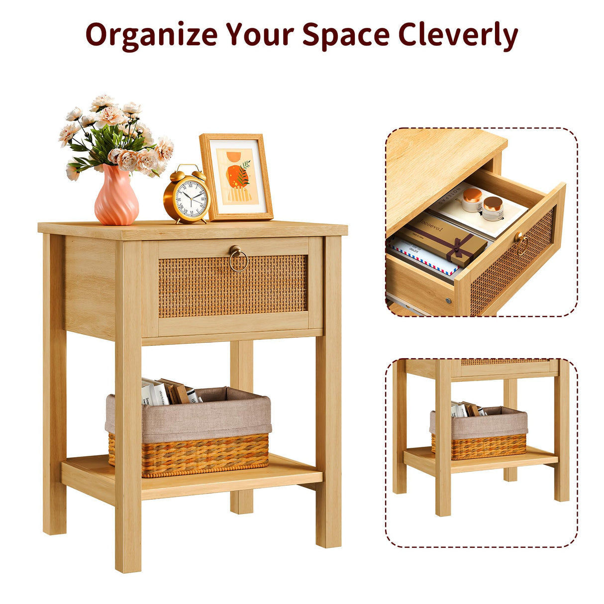 Jocoevol Rattan Boho Nightstand (Natural, 2 Pieces) Jocoevol