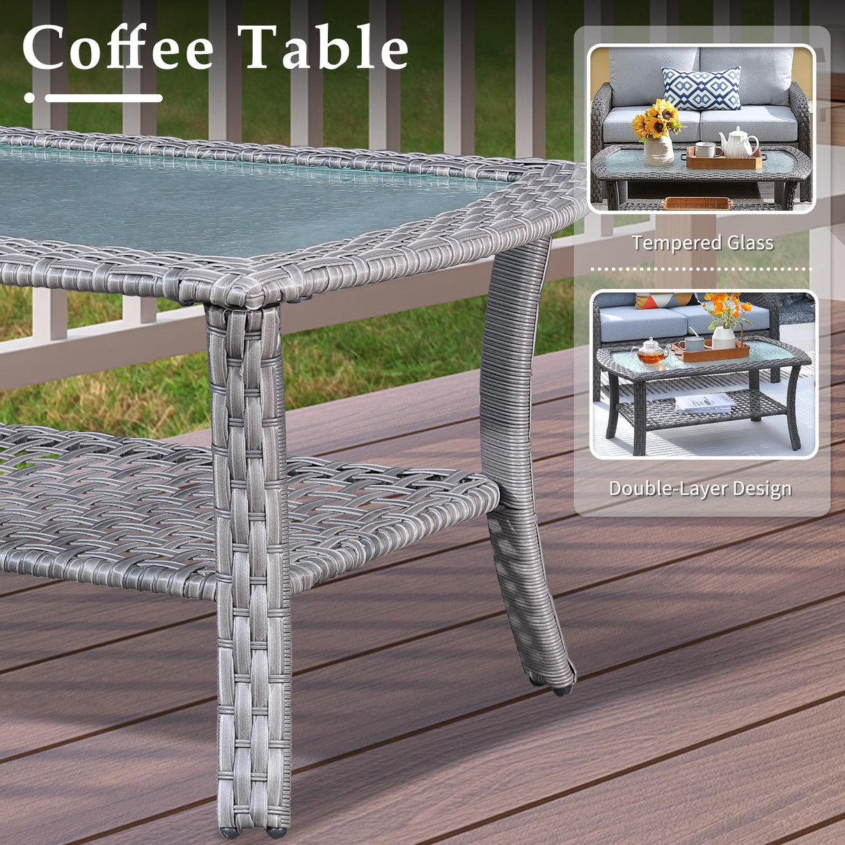 CAODOC 4-Piece Wicker Patio Furniture Set, All-Weather Rattan Conversation Bistro Loveseat Chair and Table Set for Balcony, Backyard and Deck with Soft Cushions and Metal Table(Tan) CAODOC