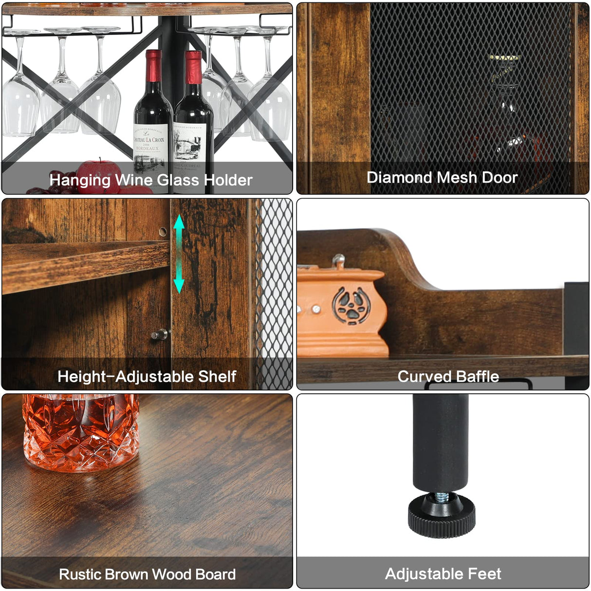 JKsmart Corner Bar Cabinet with Glass Holder, Industrial Wine Cabinet with Mesh Door, Liquor Bar Cabinet with Adjustable Shelf, Home Bar for Liquor and Wine Storage, Rustic Brown JKsmart