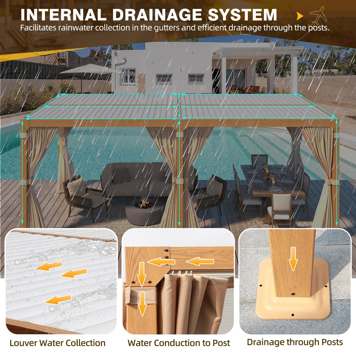 MELLCOM Louvered Pergola 12x20, Aluminum Pergola with Adjustable Louvered Roof, Wood Grain Outdoor Pergola with Waterproof Curtains and Nets MELLCOM