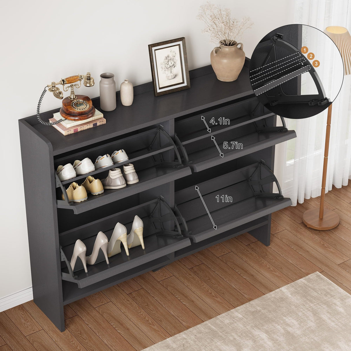 GarveeHome Shoe Cabinet with 4 Flip Drawers, Wooden Shoe Organizer Cabinet with Adjustable Shelf, Shoe Storage for Entryway, Hidden Shoe Cabinet for Hallway, Living Room, Black GarveeHome