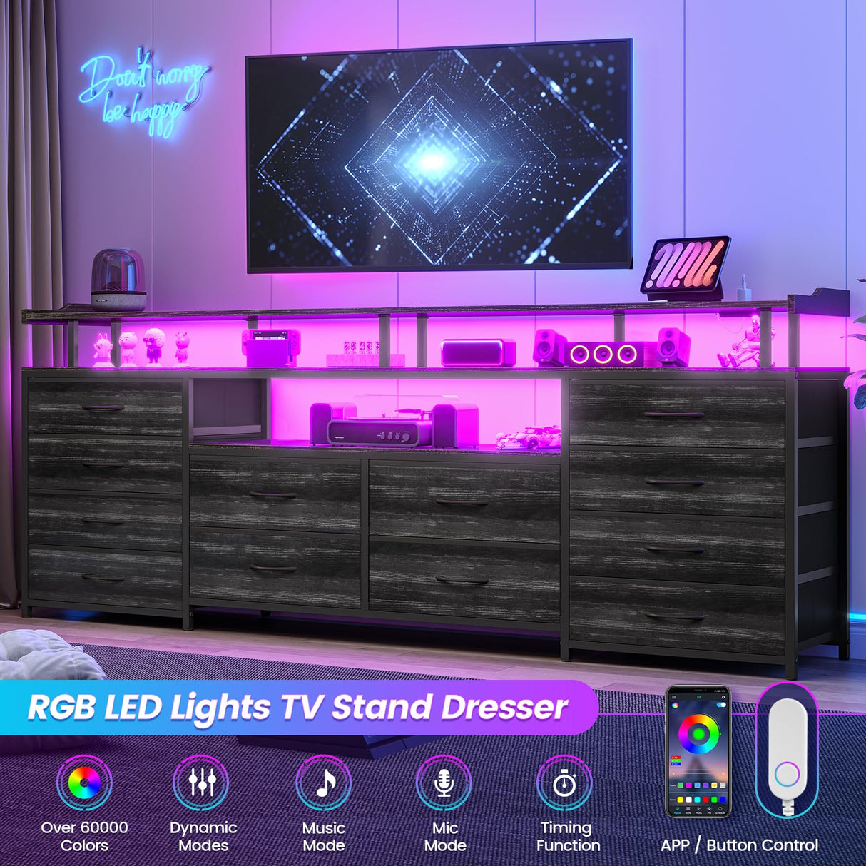 BTHFST 12 Drawers TV Stand Dresser for 65/70 inch TV, Entertainment Center with LED Lights & Power Outlets, 63" Large LED TV Stand, TV Console for Bedroom BTHFST