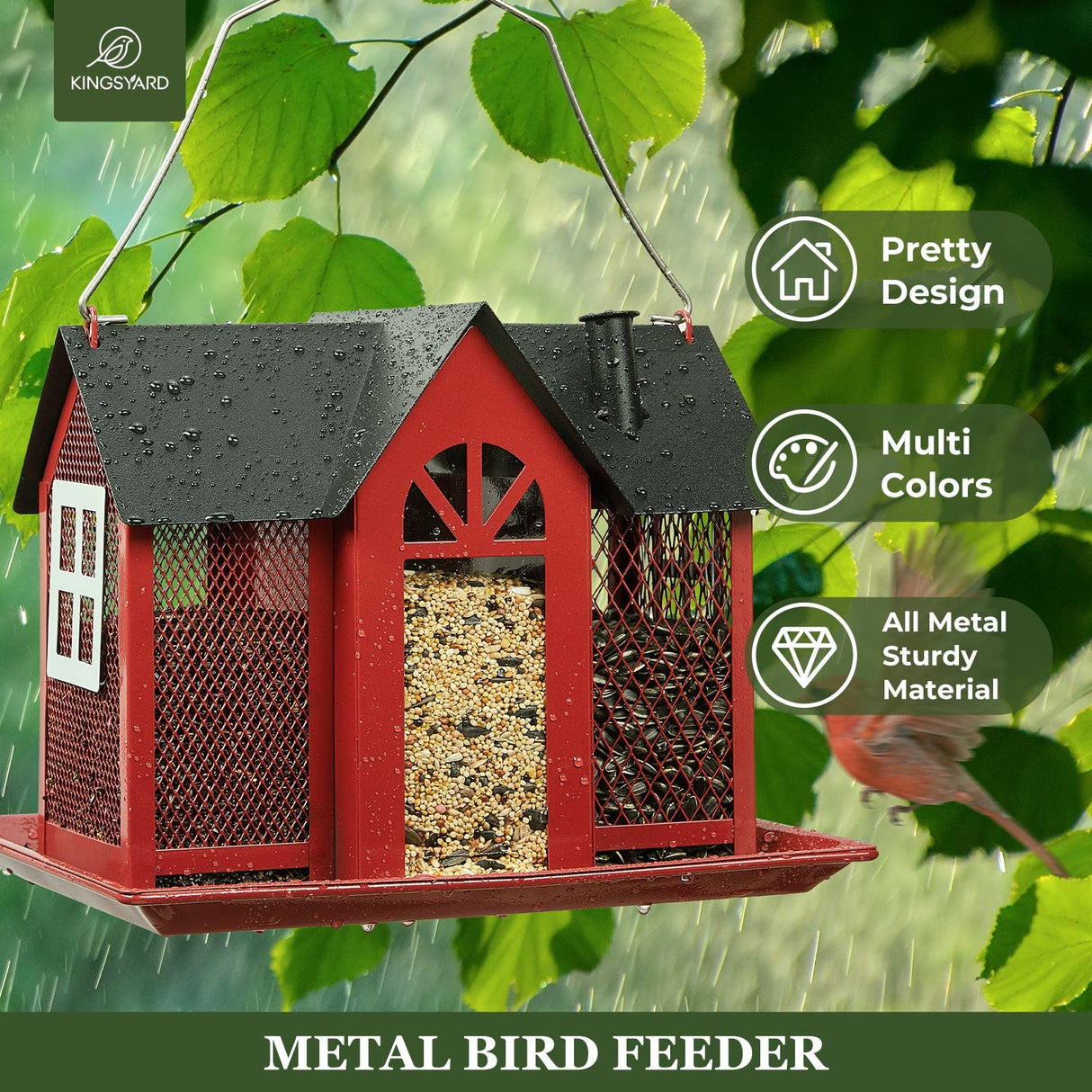 Kingsyard Bird Feeder House for Outside, Metal Mesh Wild Bird Feeder with Triple Feeders for Finch Cardinal Chickadee, Large Capacity, Weatherproof and Durable, Red Kingsyard