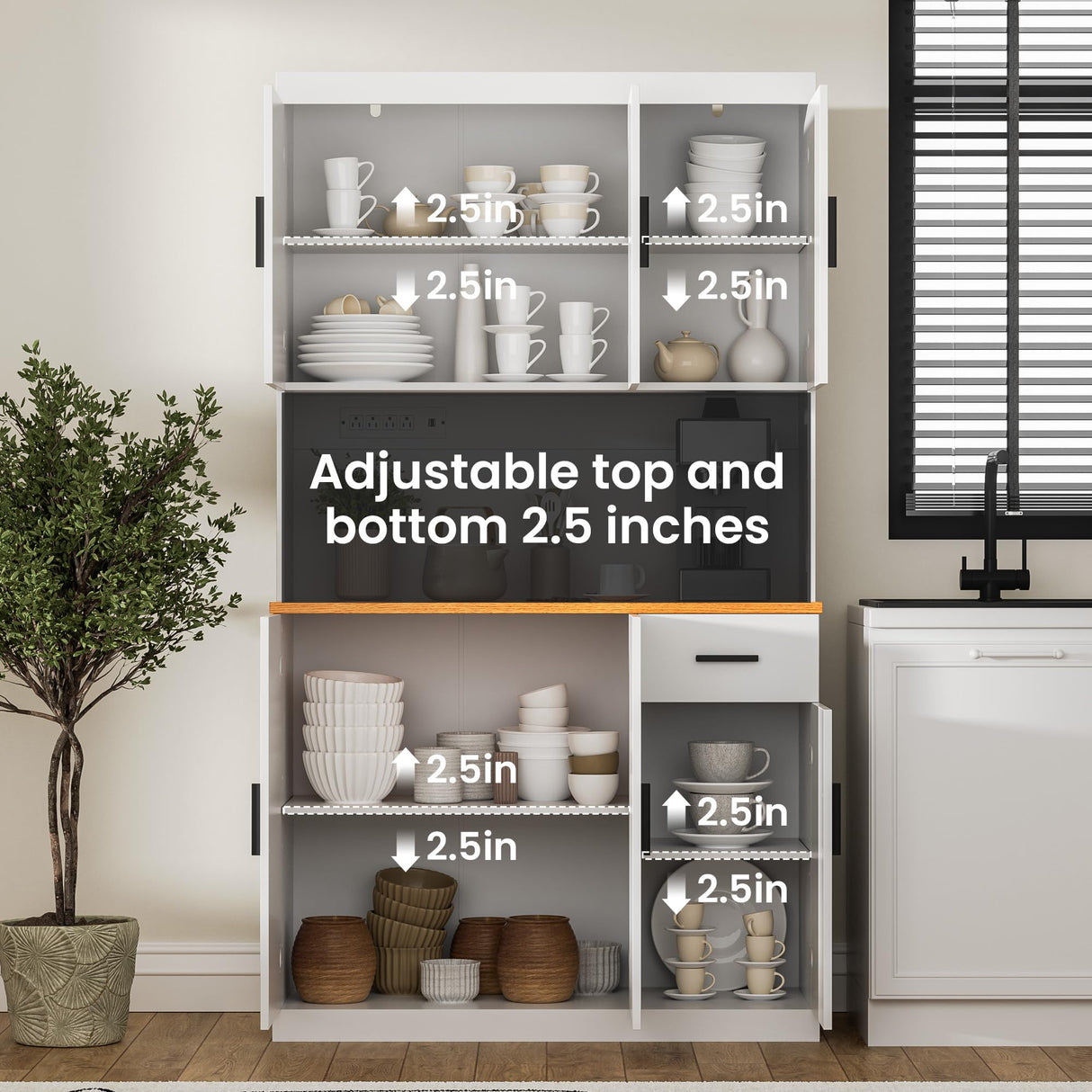 DIYART White Kitchen Pantry Cabinet, 71" Tall Kitchen Storage Cabinet with Power Outlet, Freestanding Kitchen Hutch with countertop DIYART