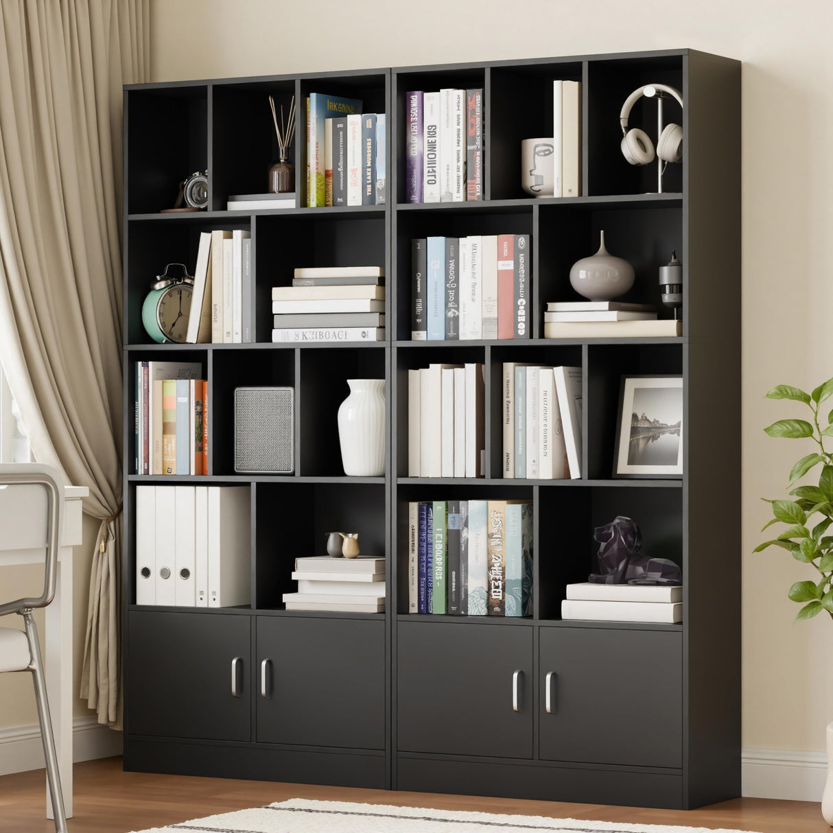 Cozy Castle 70" Tall Black Bookshelf with 12 Cubes and 2 Doors, 4-Tier Open Shelf Bookcase with Cabinet, Modern Cube Storage Organizer for Living Room, and Office Cozy Castle