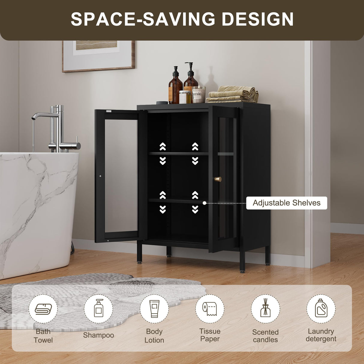 Bevivog Bathroom Floor Cabinet with Glass Doors Small Metal Storage Cabinet FreeStanding Metal Accent Cabinets with Two Door Storage Shelves, Locker Display Cabinet for Home Office Living Room Bevivog