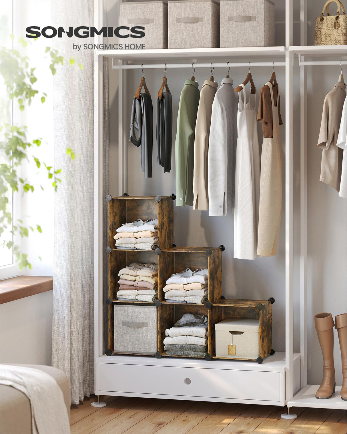 SONGMICS 6 Cube Storage Organizer, DIY Closet Shelf, Plastic Clothes Organizer, Modular Bookcase, 11.8 x 11.8 x 11.8 Inch Cubes, with Feet and Rubber Mallet, Rustic Brown ULPC111A01 SONGMICS