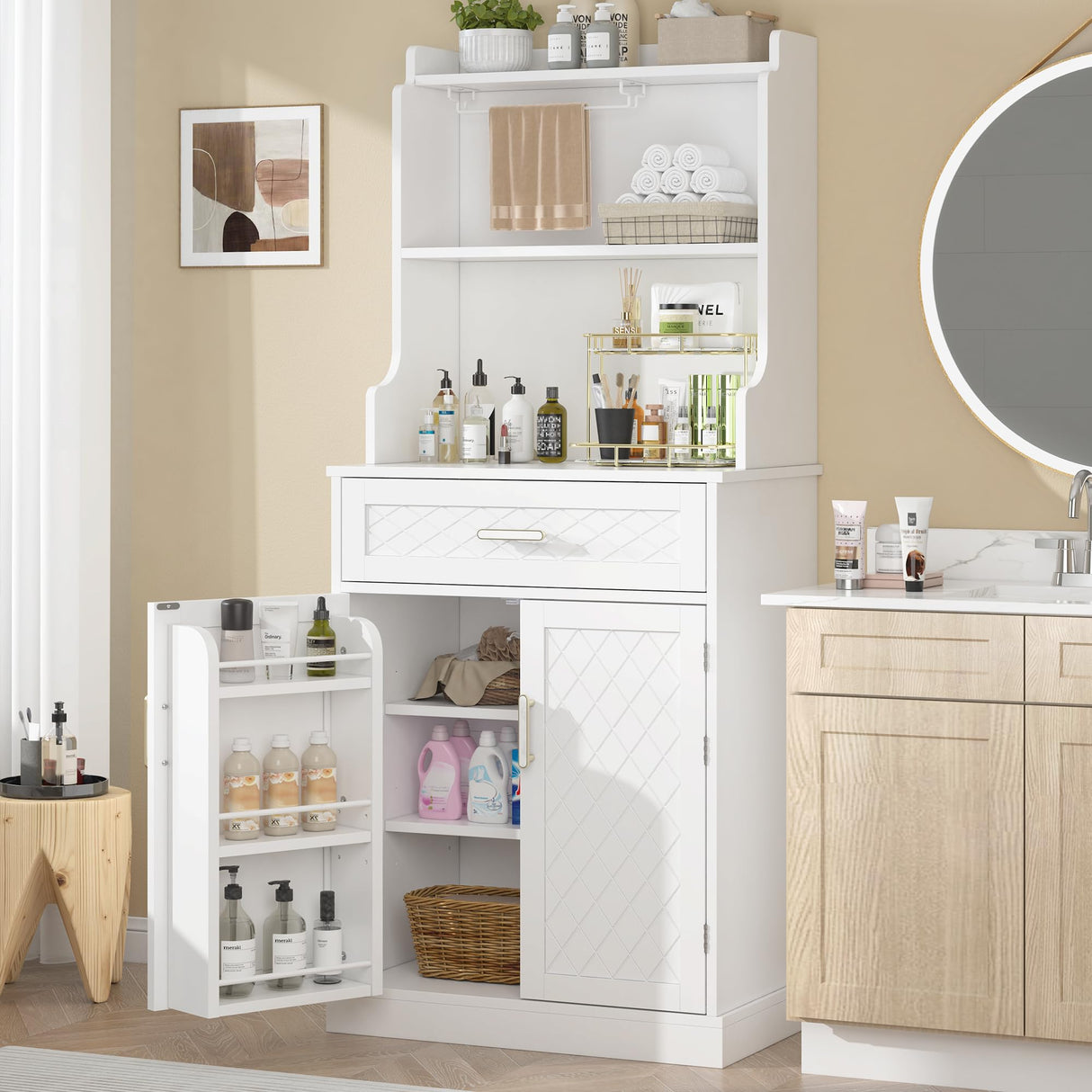 kepptory 66" Kitchen Pantry Cabinet with Microwave Shelf, Pantry Storage Cabinet with Adjustable Shelves and Drawer, Kitchen Buffet Cupboards Sideboard for Home Office Use (16" D x 24" W x 66" H) kepptory