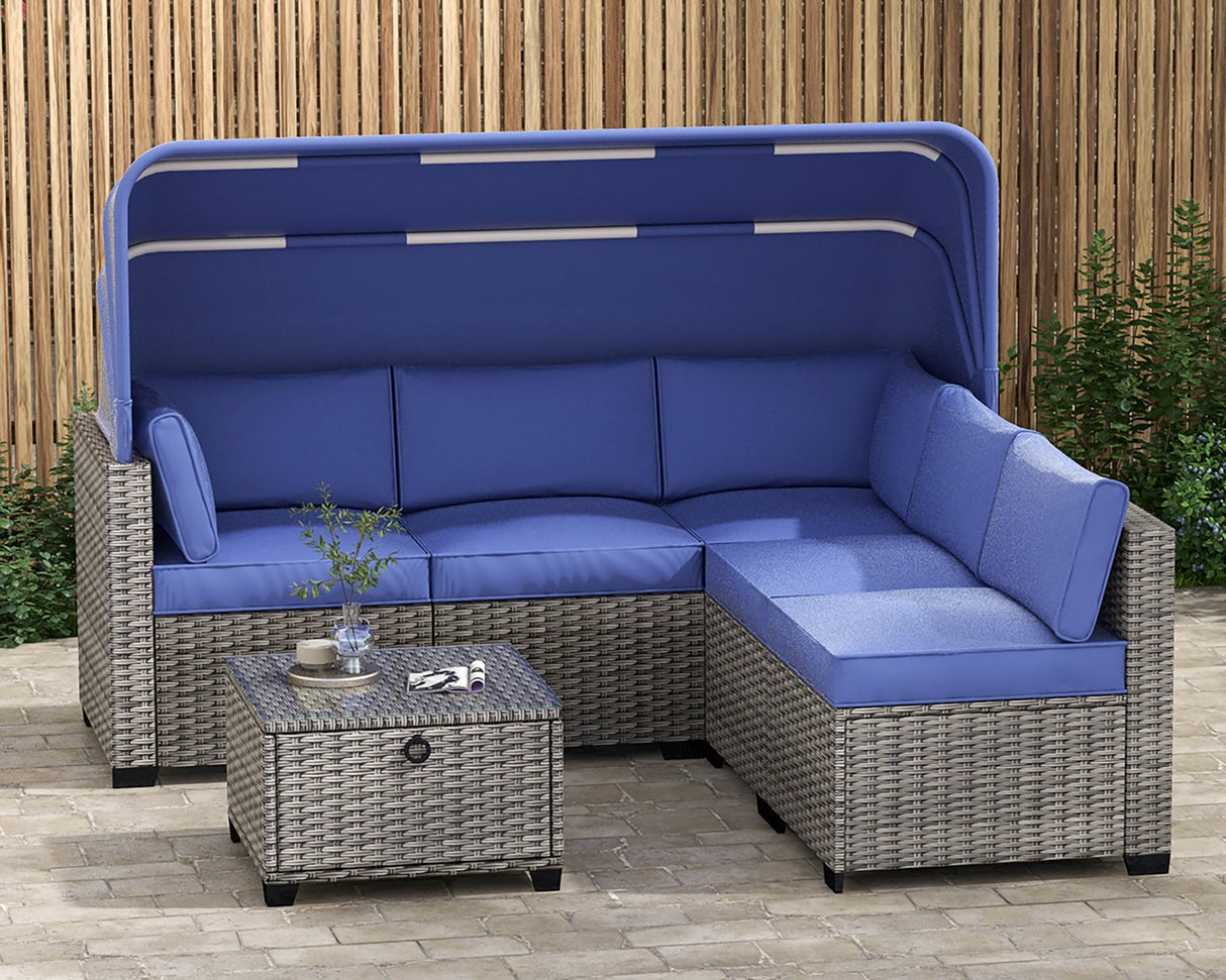 olimix Patio Furniture Set, 6 Pieces All Weather Wicker Rattan Conversation Set with Canopy, Outdoor Sectional Sofa Set w/Adjustable Backrest, Chaise Chair Daybed w/Storage Table, Grayish-White/Blue olimix
