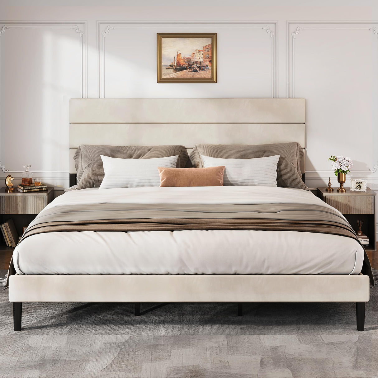 WLIVE King Size Upholstered Bed Frame, Velvet Square Tufted Headboard, Sturdy Metal & Wooden Slats Support, No Box Spring Needed, Beige WLIVE