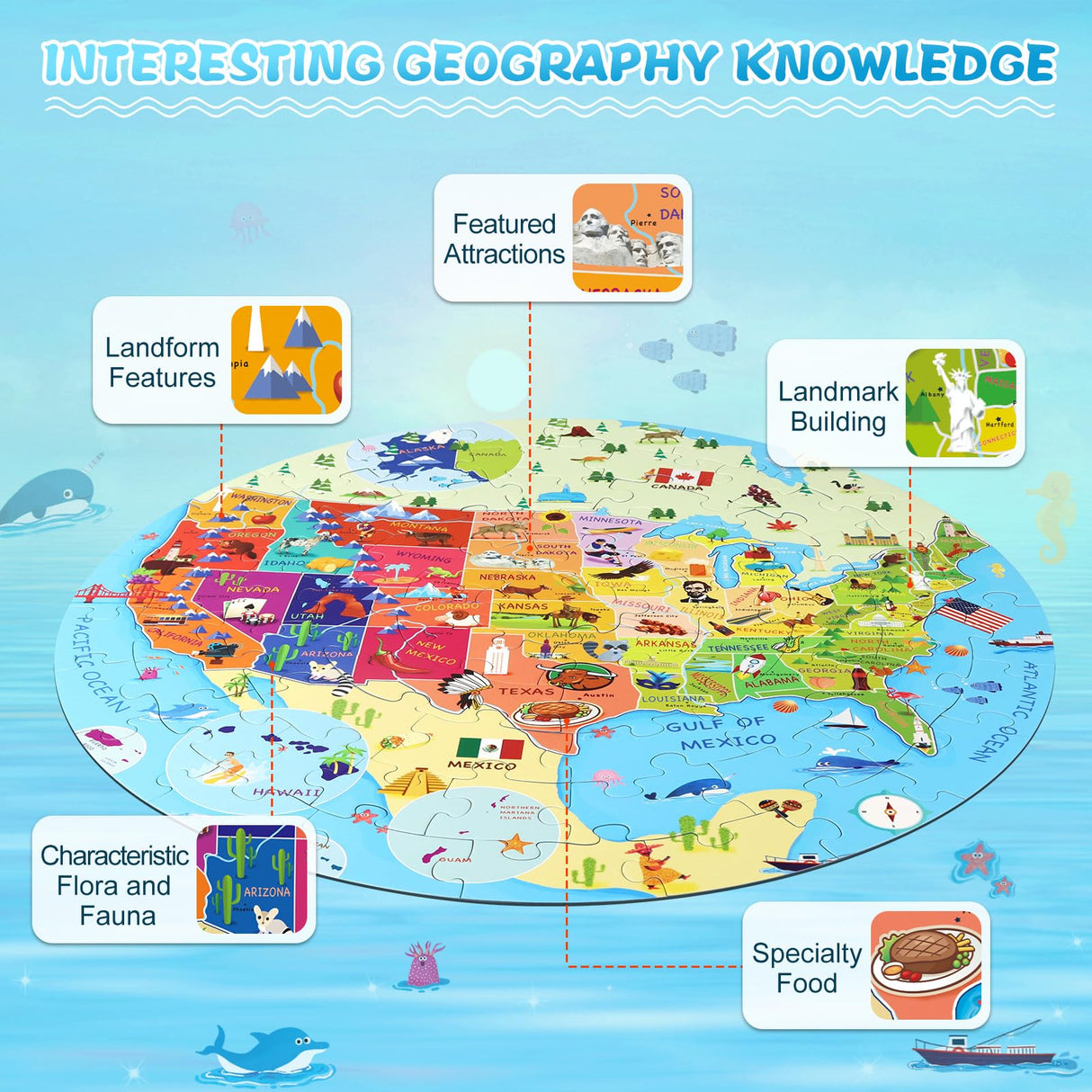 DIGOBAY United States Puzzle 70 Pieces USA Map Floor Jigsaw Puzzles for Kids Ages 4-10, Jumbo Round US Geography Puzzle 50 States with Capitals Educational Learning Toys for Boy or Girl DIGOBAY