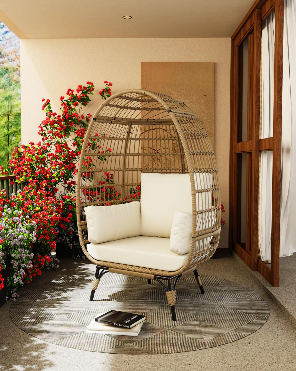Hipicute Oversized Egg Chair for Outdoor, Wicker Egg Chair with Cushions & Steel Frame, Rattan Patio Lounge Chairs for Patio, Backyard, Living Room, Beige Hipicute