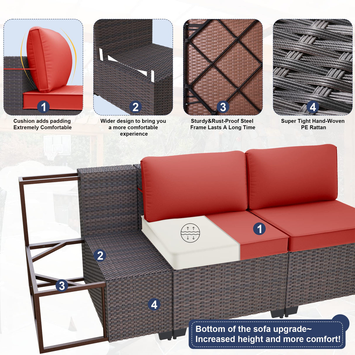 Kurapika 15 Pieces Patio Furniture Set, Rattan Wicker Outdoor Conversation Sets w/43in Propane Fire Pit Table and 4 Inch Cushion(Red) Kurapika