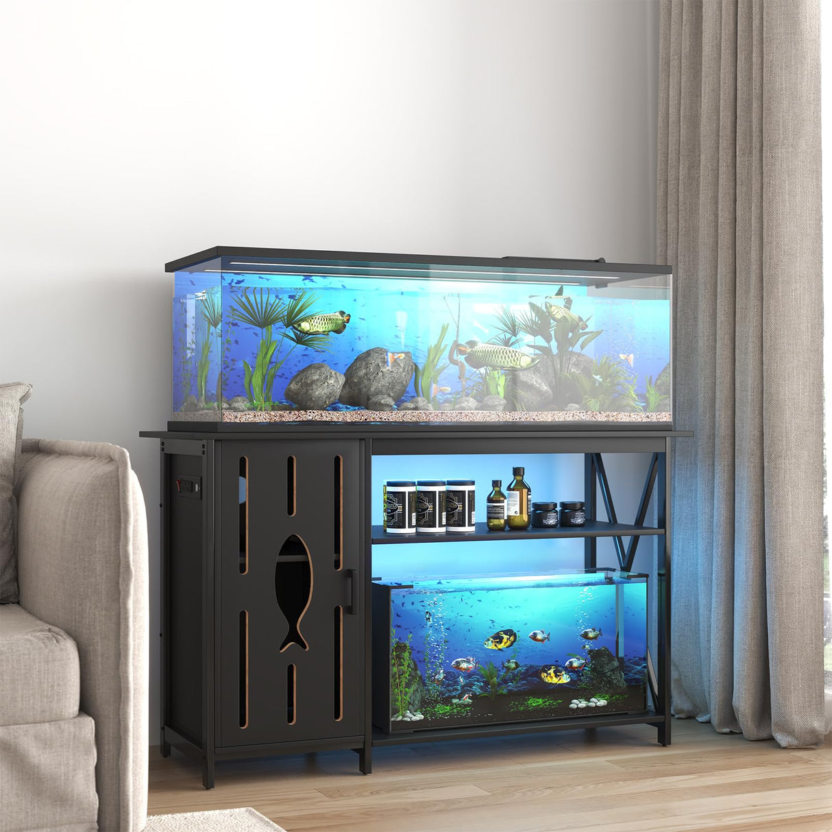 55-75 Gallon Aquarium Stand,Fish Tank Stand with Power Outlets,Cabinet&LED Light,Heavy Duty Aquarium Stand for 2 Fish Tank/Turtle Tank/Reptile Terrarium,1100LBS Capacity,Black PAPIHO