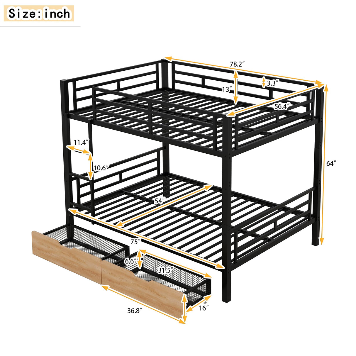 FAROUCHE Full Over Full Bunk Bed with 2 Drawers, Heavy Duty Metal Full Bed with Guardrail and Ladder, Can be Convertible to 2 Separated Beds, Noise Free, Space Saving Bunk Bed, Black FAROUCHE
