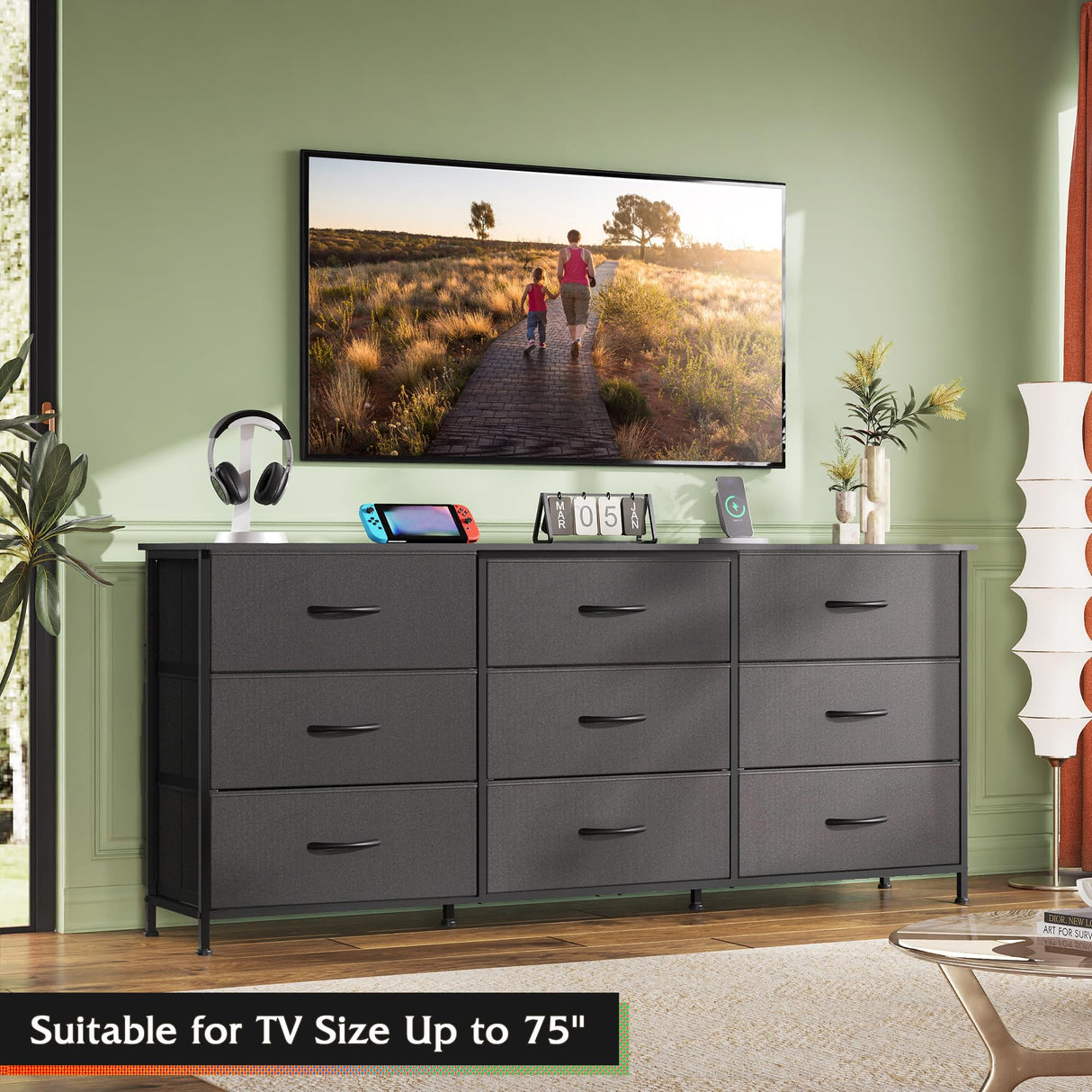 WLIVE 63''W Dresser for Bedroom, Black Dresser TV Stand for 65, 70, 75 inch TV, Wide Chest of Drawers with 9 Drawer, Large Entertainment Center, Fabric Dressers with Wood Top for Closet, Living Room WLIVE