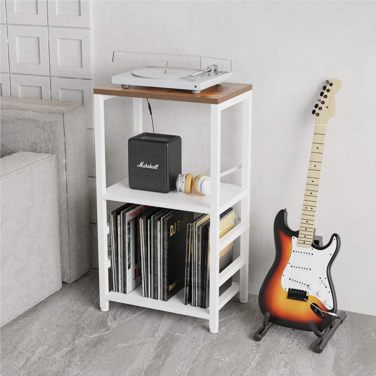 YAKANJ End Table with LED Light,Record Player Stand with Albums Storage,Vinyl Records Storage,Turntable Stand Side Table for Music Room Studio Living Room Bedroom-White YAKANJ