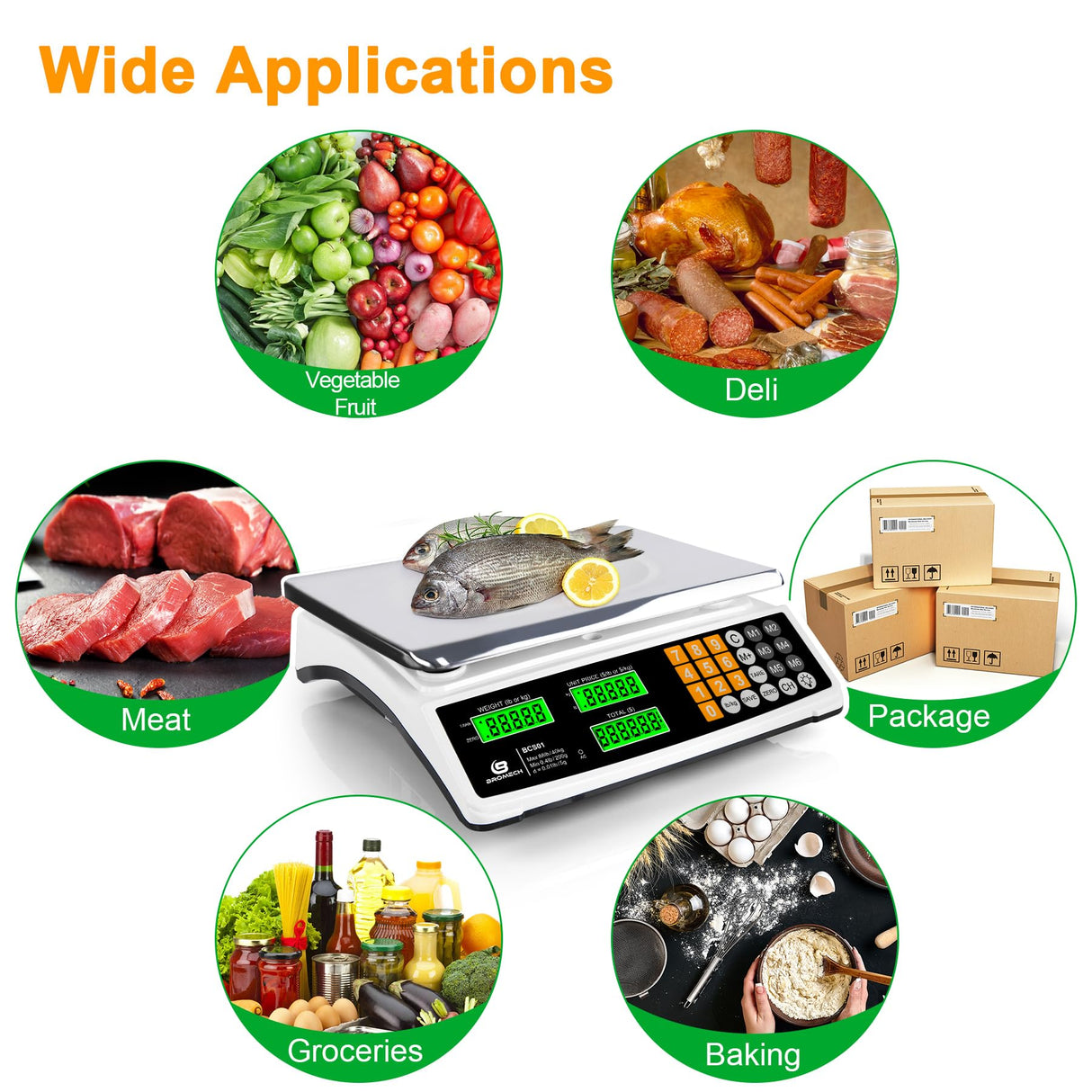 BROMECH Price Computing Scale 88lb/40kg Commercial Food Scale for Produce Meat Weighing, LCD Display and Green Bright Backlight for Farmers Markets, Meat Shop, Deli, (Not for Trade) BROMECH