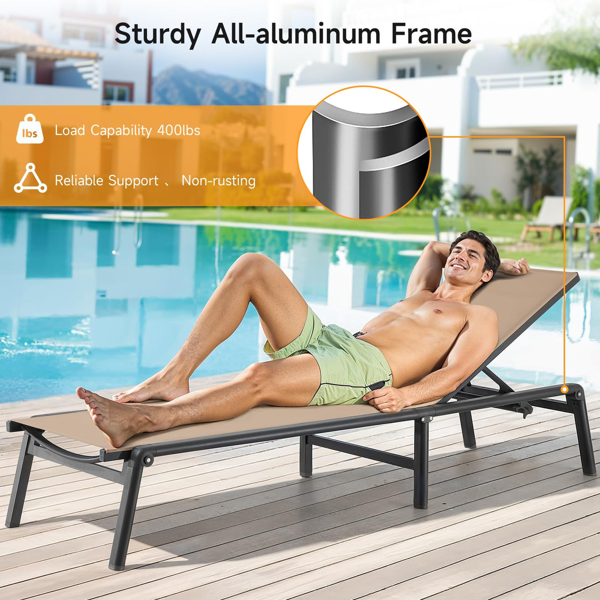 ONBRILL Aluminum Chaise Lounge Chair Outdoor, Foldable & Assembly Free Outdoor Lounge Chair with 5 Position Adjustable Backrest, Patio Pool Lounge Chairs for Outside Poolside Beach Lawn, 1PC, Khaki ONBRILL