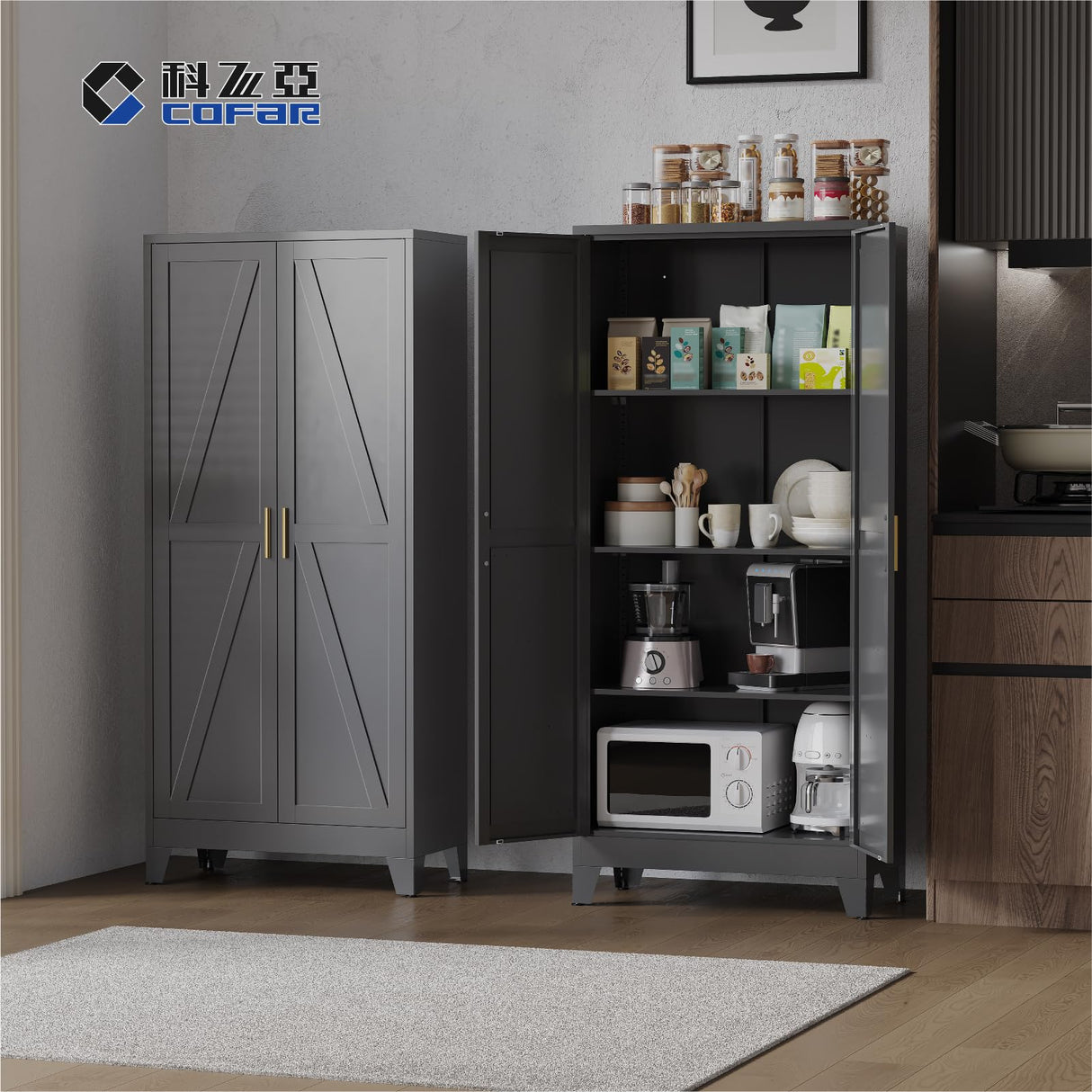 COFaR Black Metal Cabinet, 61 in Tall Metal Storage Cabinet with 3 Adjustable Shelves and Barn Doors, Farmhouse Cupboard Storage for Garage Kitchen Pantry Office, 4-Tier COFaR