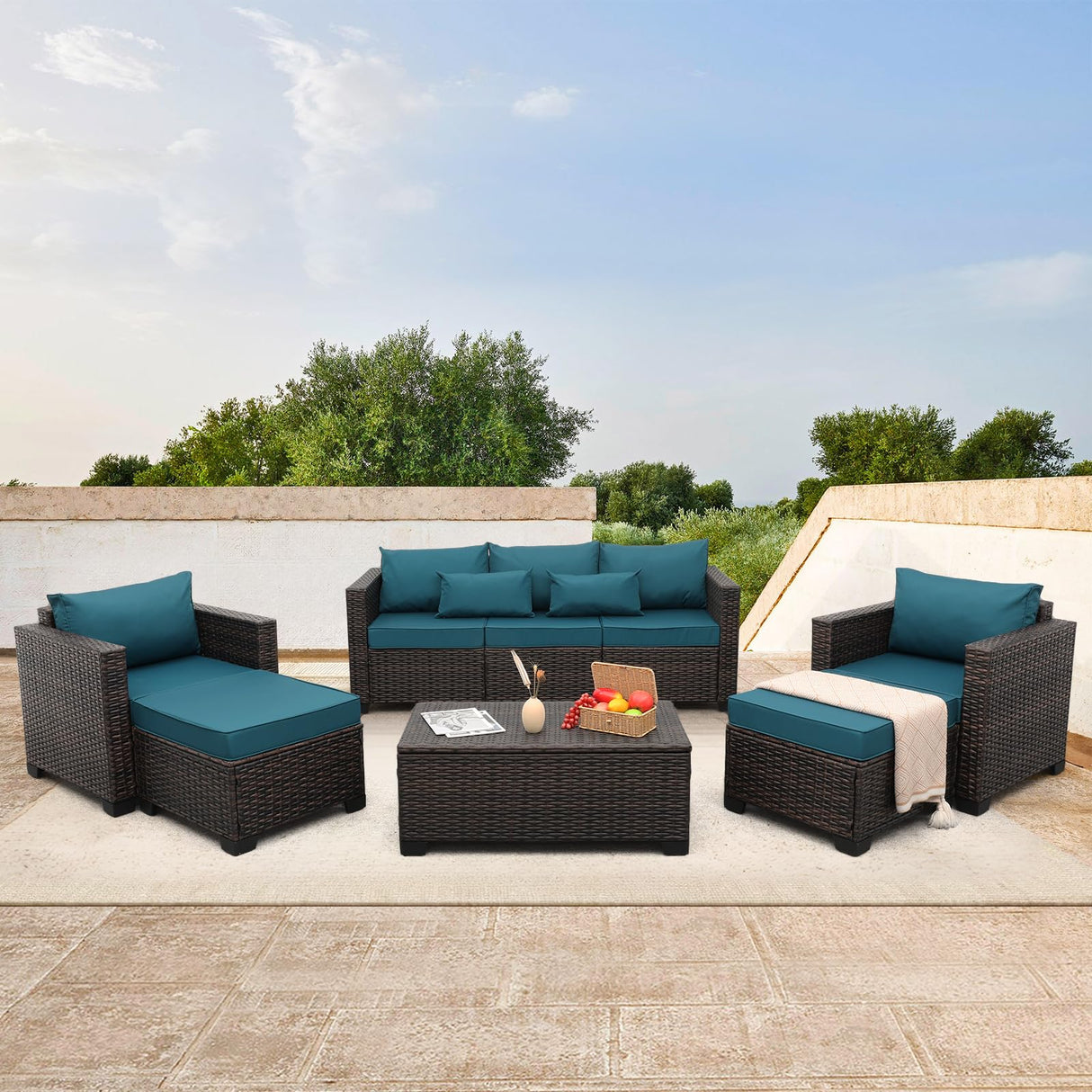 Valita 6 PCS Patio Furniture Set Outdoor Sectional Wicker Conversation Couch Brown Rattan Sofa Chairs with Ottoman Storage Table and Anti-Slip Cushions(Peacock Blue) Valita