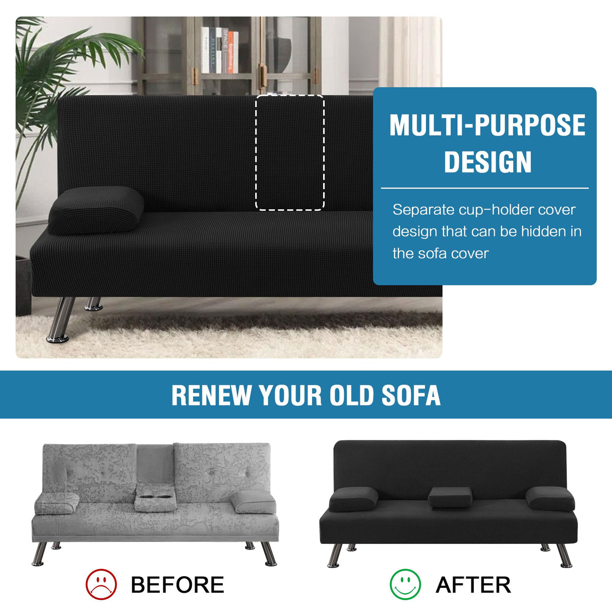 H.VERSAILTEX 4 Pieces Stretch Futon Covers Sofa Bed Slipcover with Removable Armrests and Cupholders Covers Furniture Protector High Spandex Small Checks Jacquard Fabric, Black H.VERSAILTEX