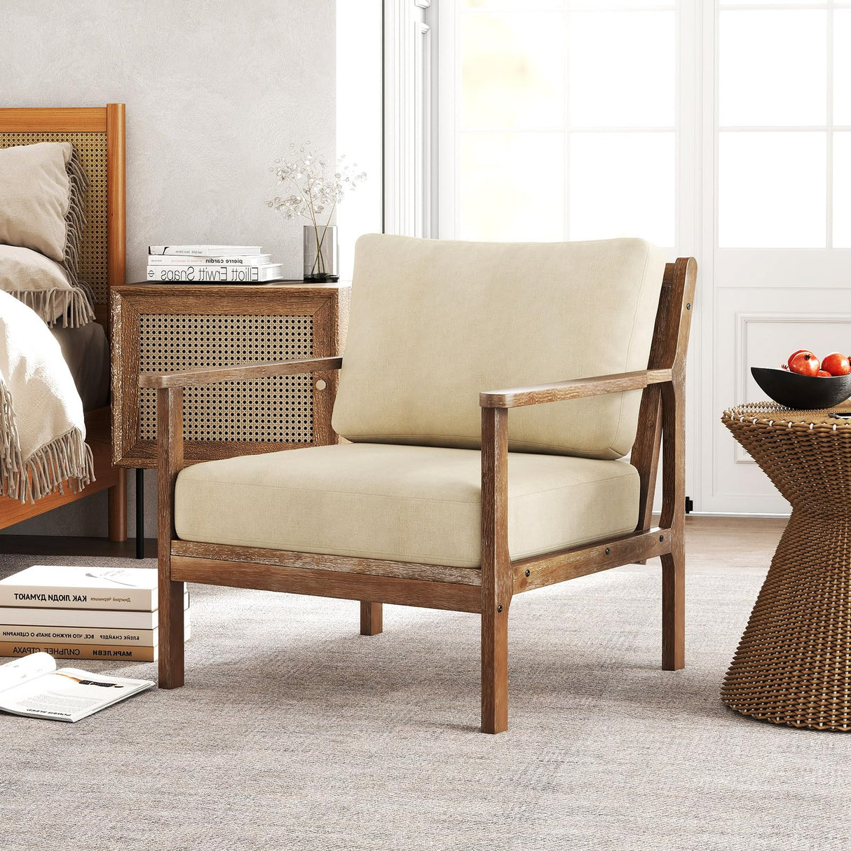 GOFLAME Mid-Century Modern Accent Chair, Upholstered Armchair with Solid Wood Frame, Linen Fabric Comfy Reading Chair, Farmhouse Leisure Chair for Living Room, Bedroom, Sunroom, Hosting Room GOFLAME