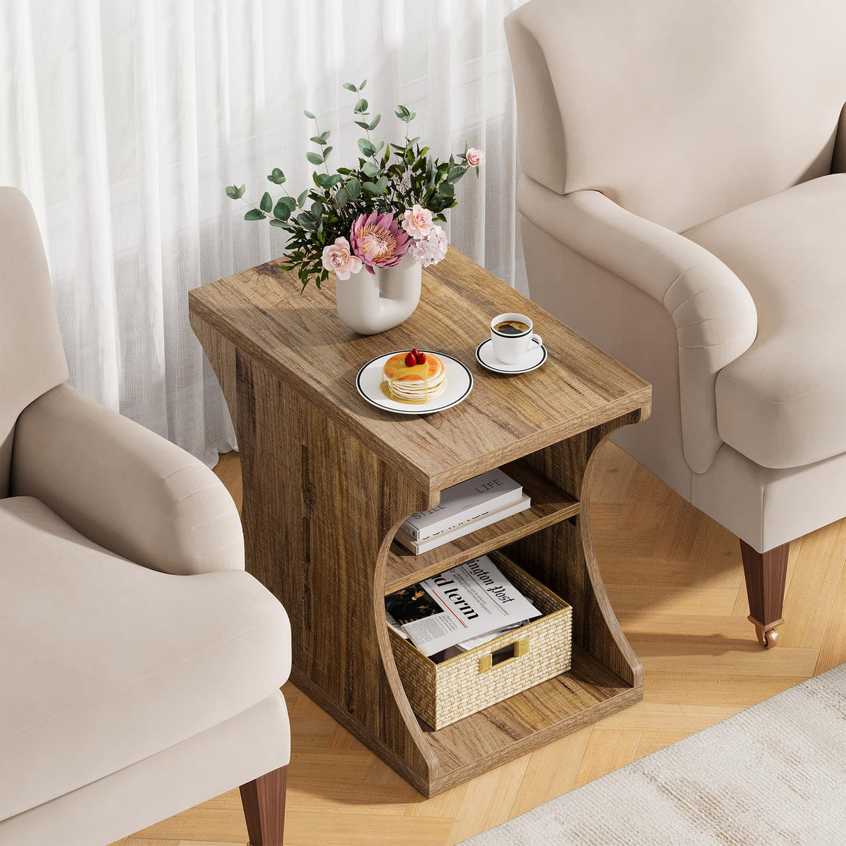 Condemo Modern Farmhouse End Table with Storage, 3-Tier Narrow Country Side Tables for Small Spaces, Nightstand for Bedroom & Living Room, Wooden Bedside Table, Easy Assembly, Light Brown Condemo