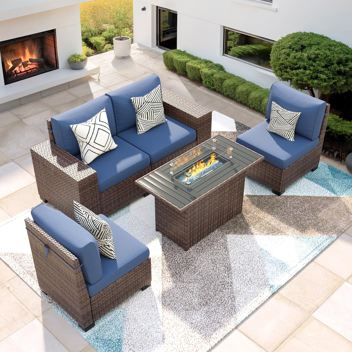 VONZOY 5 Piece Patio Furniture Set with Fire Pit Table, Wide Armrest Modular Outdoor Conversation Sets Brown PE Wicker Rattan Sectional Sofa, 4'' Thickened Cushion Navy Blue VONZOY