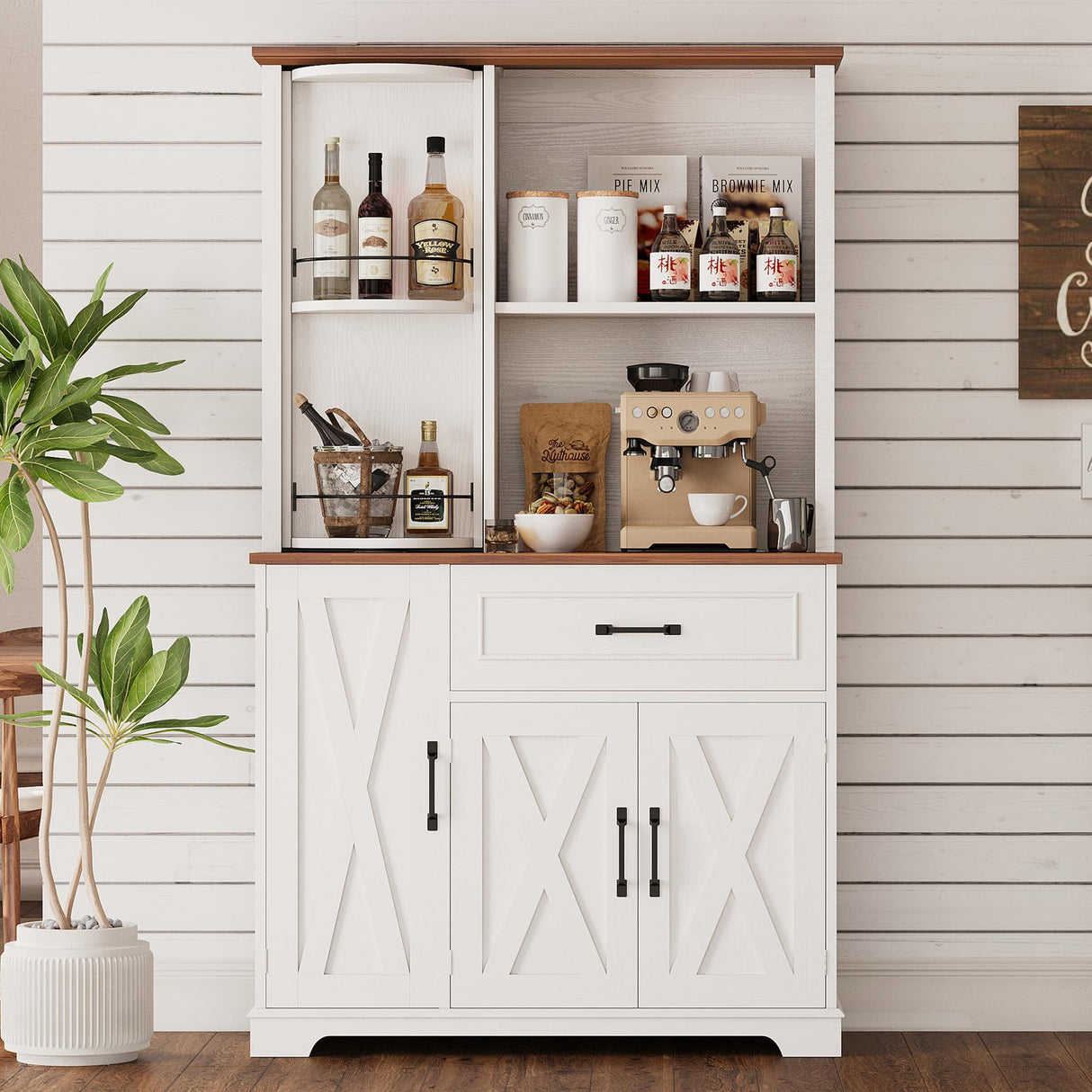 IRONCK Farmhouse Kitchen Pantry Cabinet with Charging Station, Kitchen Hutch Storage Cabinet with Microwave Stand and Rotating Rack for Kitchen, Dining Room, White IRONCK