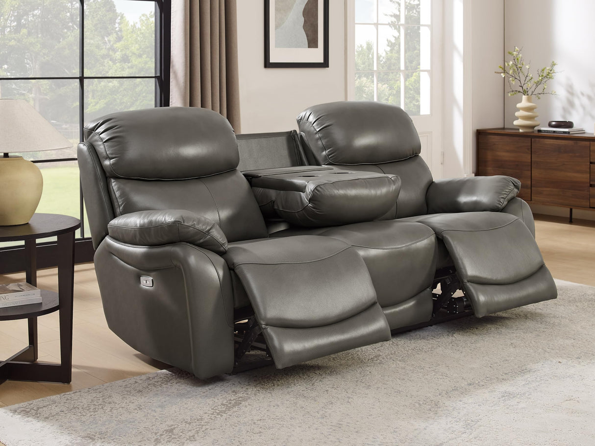 THSUPER Power Genuine Leather Recliner Sofa Couch with USB Port, Reclining Sofas Living Room Furniture, 3-Seats Couches with Cup Holders, Grey THSUPER