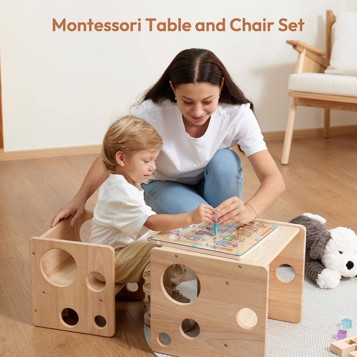 Woodtoe Kids Table and Chair Set, Montessori Weaning Table and Chair Set for Toddler, Natural Solid Wooden Activity Table Cube Chair for Drawing Reading, Montessori Playroom Gift for Children Woodtoe