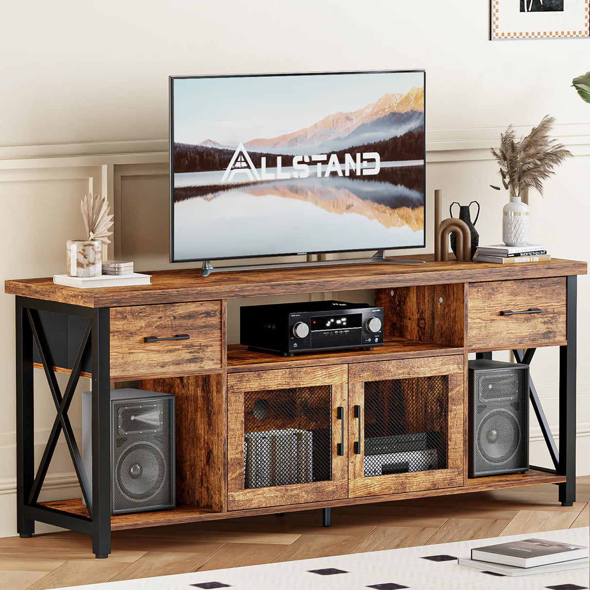 ALLSTAND TV Stand for 55 60 65 Inch TV, Entertainment Center with Fabric Drawers & Storage Cabinets, Industrial Media Console Table with Soundbar Shelf for Living Room, Bedroom, 55 Inches Rustic Brown ALLSTAND
