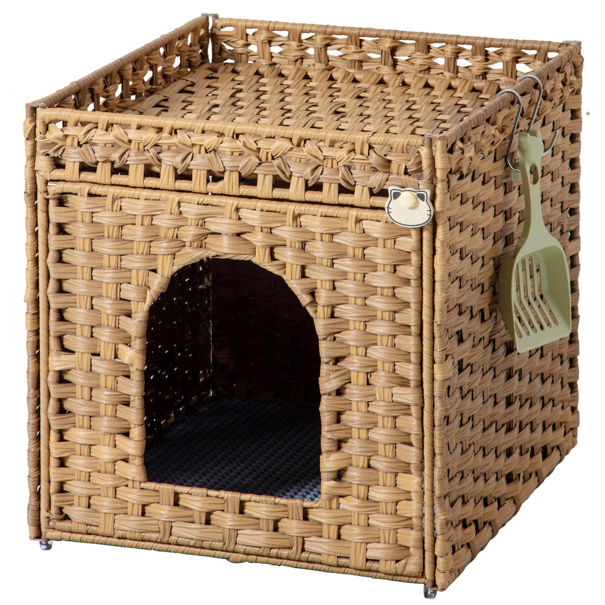 SETVSON Cat Litter Box Enclosure Furniture, Hidden Litter Box with Mat and Fence, Handwoven Rattan Cat House with Two S-Shaped Hooks for Living Room, Bedroom, 18.5 x 20.5 x 19.1 Inches (Natural) SETVSON