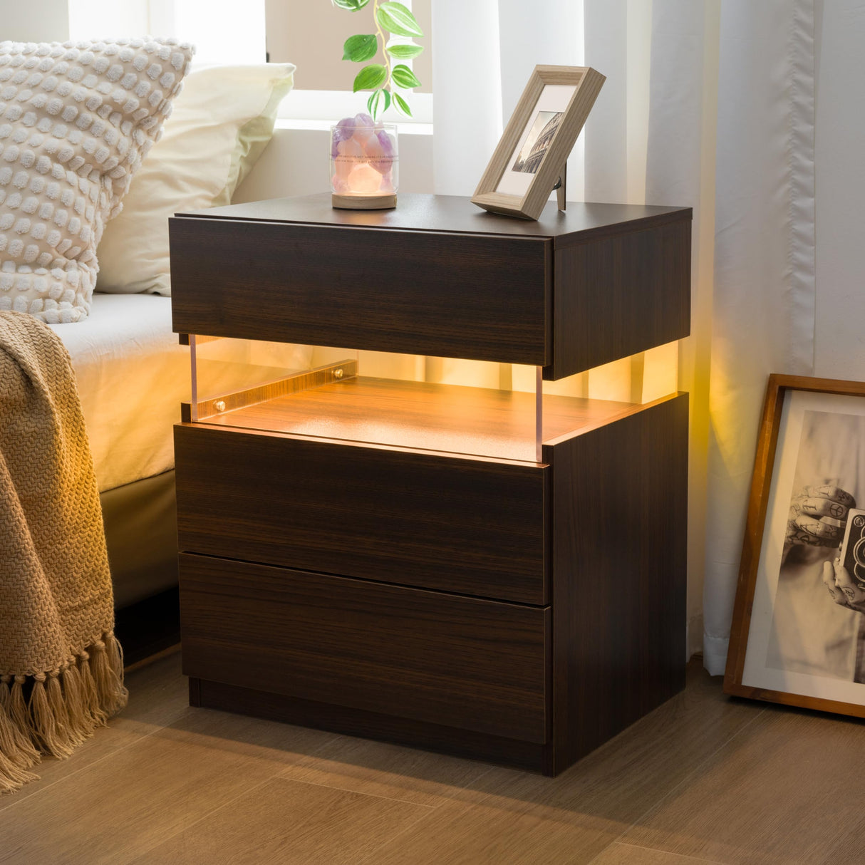 Bingoday Nightstands Set of 2 LED Bedside Tables with 3 Wood Drawers LED Modern Night Stand with Acrylic Board for Bedroom Living Room Bingoday